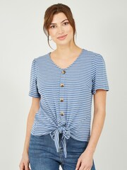 Yumi Blue 100% Cotton Striped Jersey Button Detail Top - Image 1 of 5