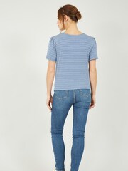 Yumi Blue 100% Cotton Striped Jersey Button Detail Top - Image 2 of 5