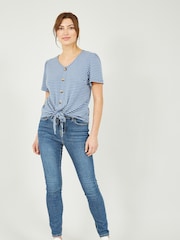 Yumi Blue 100% Cotton Striped Jersey Button Detail Top - Image 3 of 5