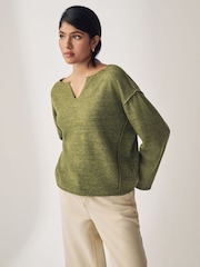 Khaki Green Notched Neck Long Sleeve Ribbed Jumper - Image 1 of 5