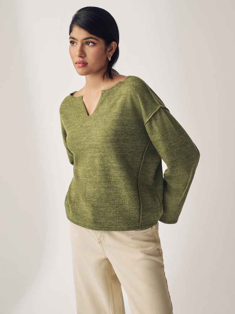 Khaki Green Notched Neck Long Sleeve Ribbed Jumper - Image 1 of 5