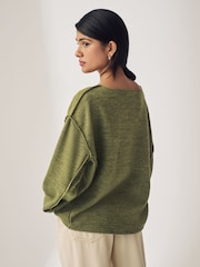 Khaki Green Notched Neck Long Sleeve Ribbed Jumper - Image 2 of 5