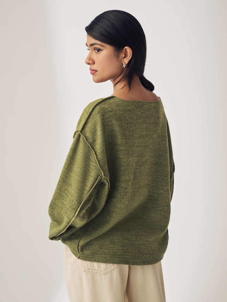 Khaki Green Notched Neck Long Sleeve Ribbed Jumper - Image 2 of 5