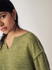 Khaki Green Notched Neck Long Sleeve Ribbed Jumper - Image 3 of 5