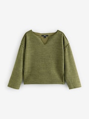 Khaki Green Notched Neck Long Sleeve Ribbed Jumper - Image 4 of 5