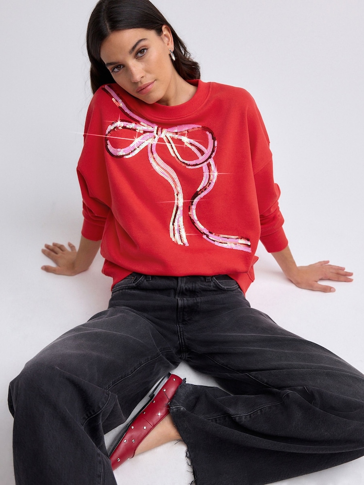 Bright Red/Silver Christmas Sparkle Sequin Front Bow Graphic Crew Neck Sweatshirt - Image 1 of 8