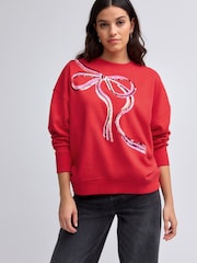 Bright Red/Silver Christmas Sparkle Sequin Front Bow Graphic Crew Neck Sweatshirt - Image 2 of 8
