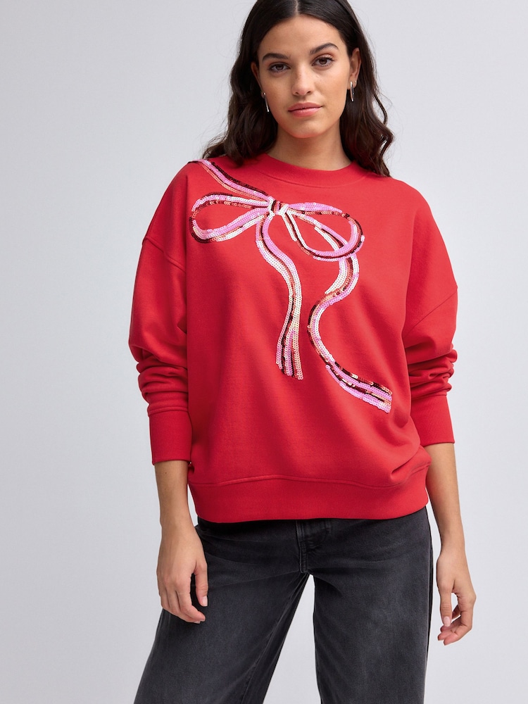 Bright Red/Silver Christmas Sparkle Sequin Front Bow Graphic Crew Neck Sweatshirt - Image 2 of 8