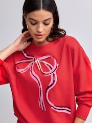 Bright Red/Silver Christmas Sparkle Sequin Front Bow Graphic Crew Neck Sweatshirt - Image 4 of 8