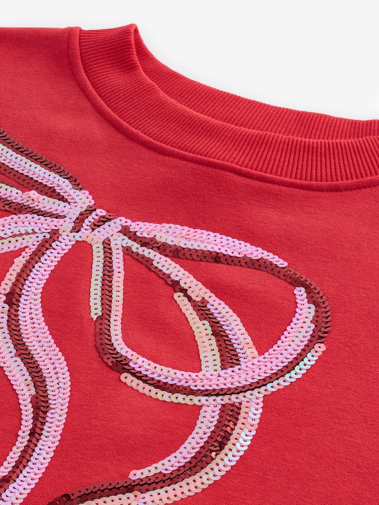 Bright Red/Silver Christmas Sparkle Sequin Front Bow Graphic Crew Neck Sweatshirt - Image 8 of 8