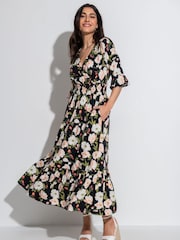 Pour Moi Black Multi Floral Carmen Fuller Bust Elasticated Neckline Midaxi Dress - Image 1 of 4