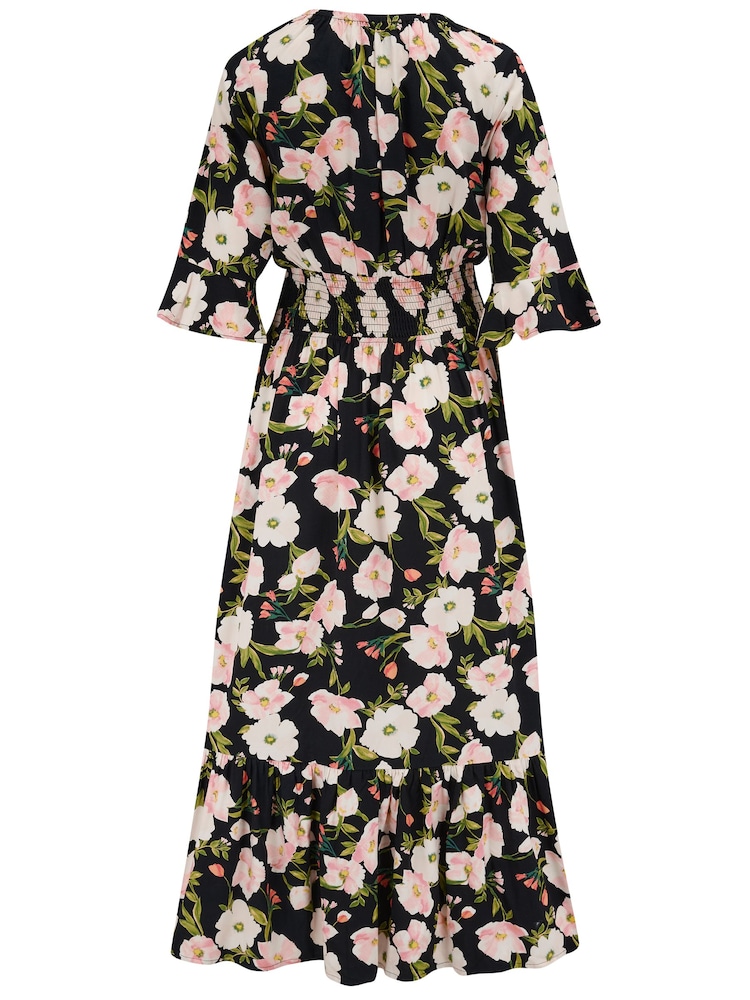 Pour Moi Black Multi Floral Carmen Fuller Bust Elasticated Neckline Midaxi Dress - Image 4 of 4