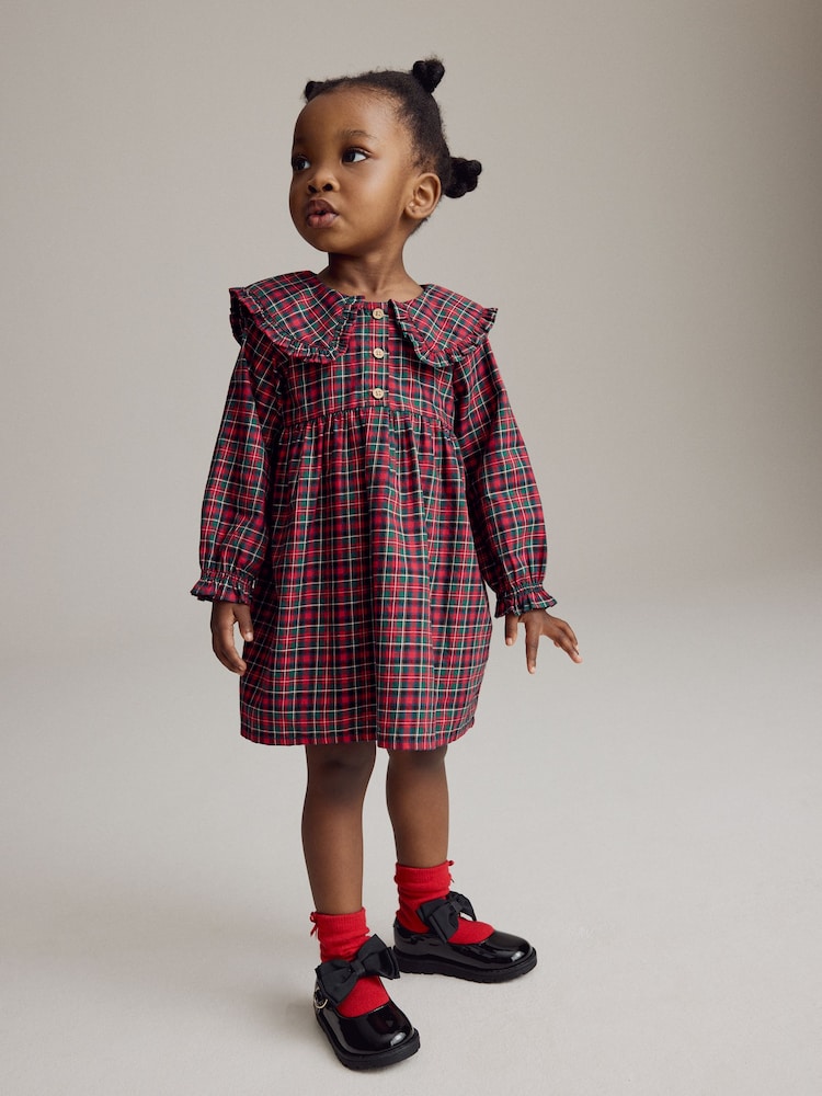 Red Tartan Long Sleeve 100% Cotton Peter Pan Collar Dress (3mths-8yrs) - Image 1 of 10