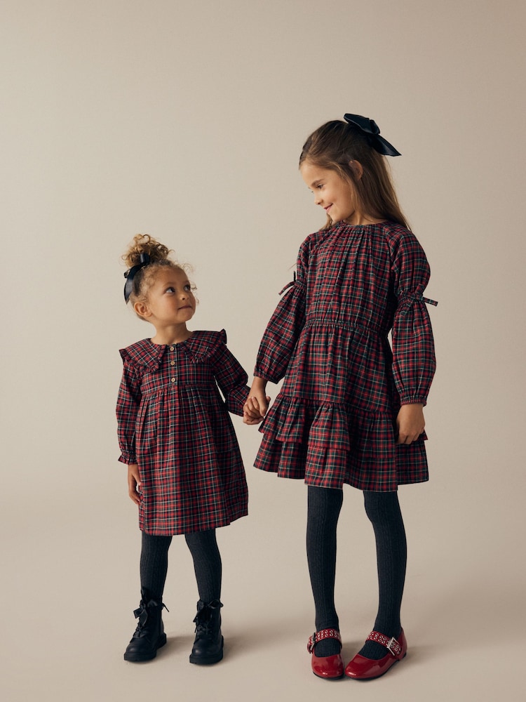 Red Tartan Long Sleeve 100% Cotton Peter Pan Collar Dress (3mths-8yrs) - Image 2 of 10