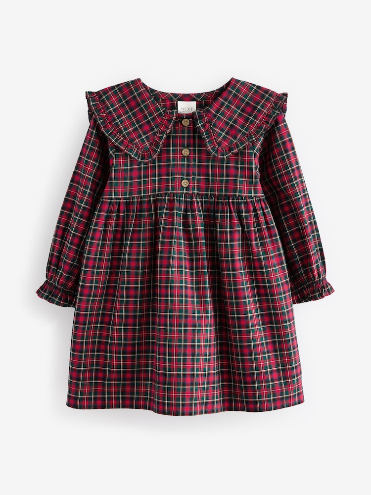 Buy Red Tartan Long Sleeve 100% Cotton Peter Pan Collar Dress