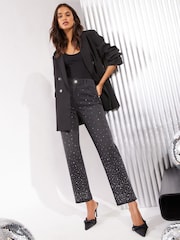Friends Like These Diamante Embellished Black Authentic Denim Straight Leg Jeans - Image 1 of 4