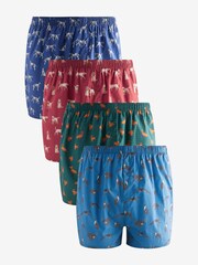 Navy Blue/Red Dog Print 4 pack Woven Pure 100% Cotton Boxers - Image 1 of 7