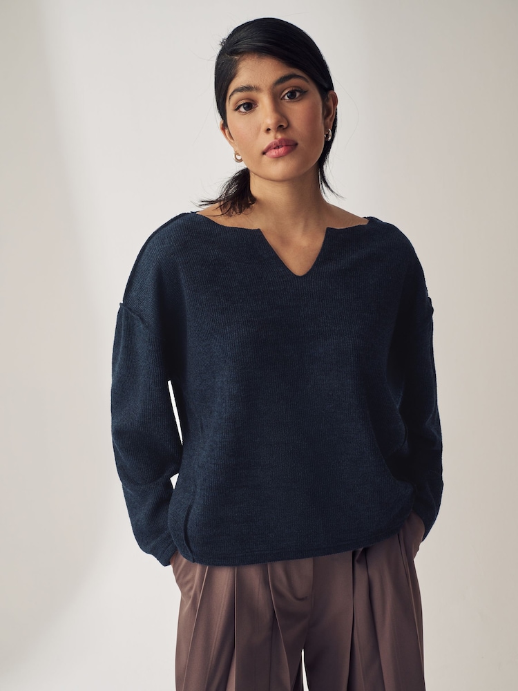 Navy Notched Neck Long Sleeve Ribbed Jumper - Image 1 of 6