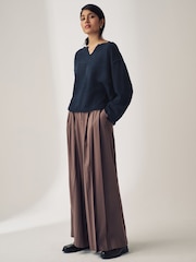 Navy Notched Neck Long Sleeve Ribbed Jumper - Image 2 of 6