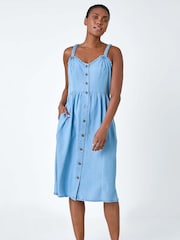 Roman Blue Denim Frill Button Through Midi Dress - Image 1 of 5