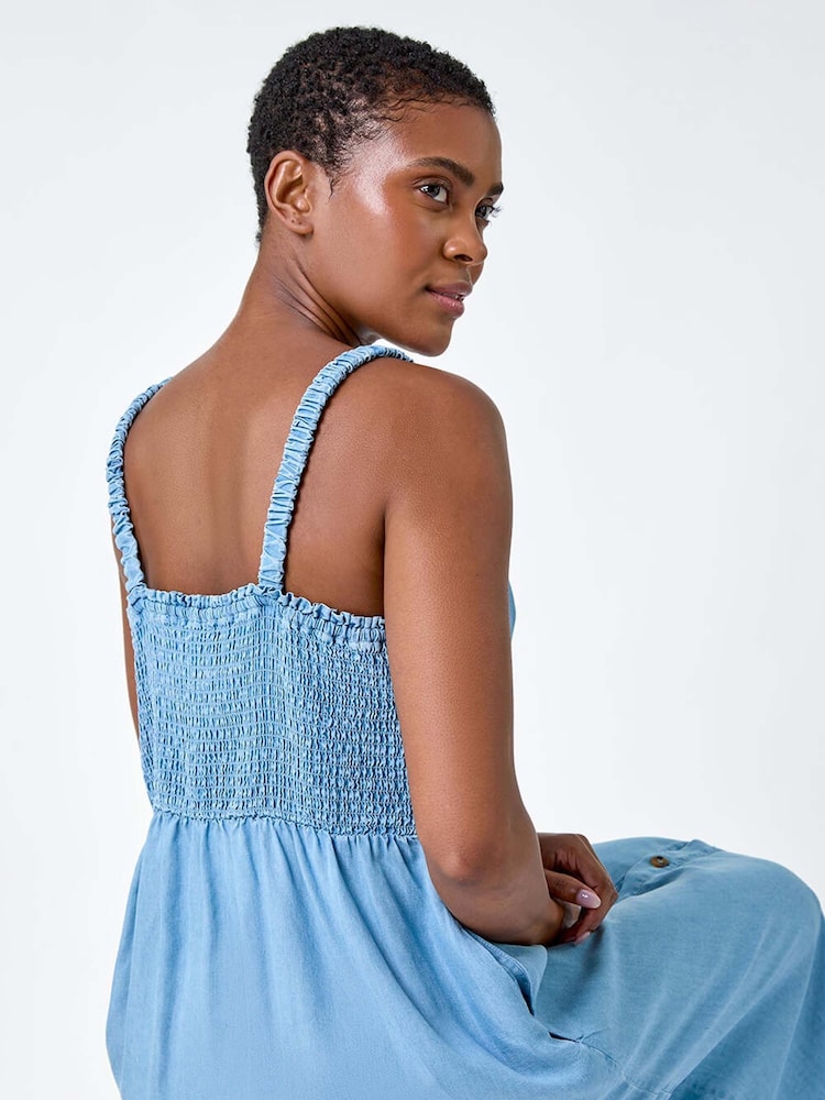 Roman Blue Denim Frill Button Through Midi Dress - Image 2 of 5