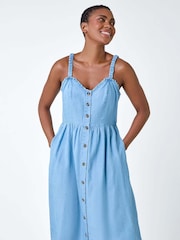 Roman Blue Denim Frill Button Through Midi Dress - Image 4 of 5