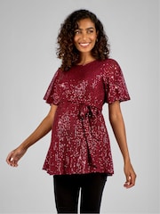 JoJo Maman Bébé Wine Red Sequin Maternity Flutter Sleeve Top - Image 1 of 5