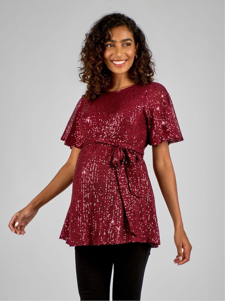 JoJo Maman Bébé Wine Red Sequin Maternity Flutter Sleeve Top - Image 1 of 5