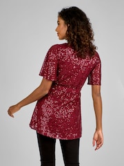 JoJo Maman Bébé Wine Red Sequin Maternity Flutter Sleeve Top - Image 2 of 5