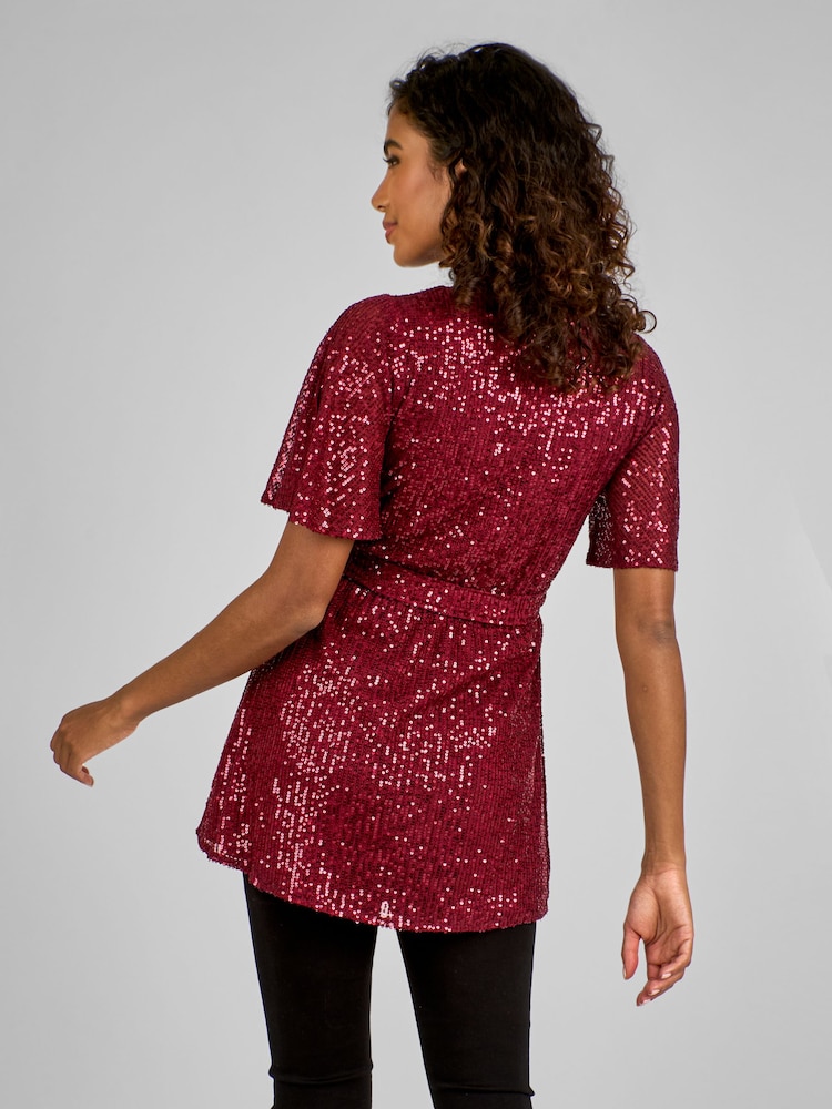 JoJo Maman Bébé Wine Red Sequin Maternity Flutter Sleeve Top - Image 2 of 5