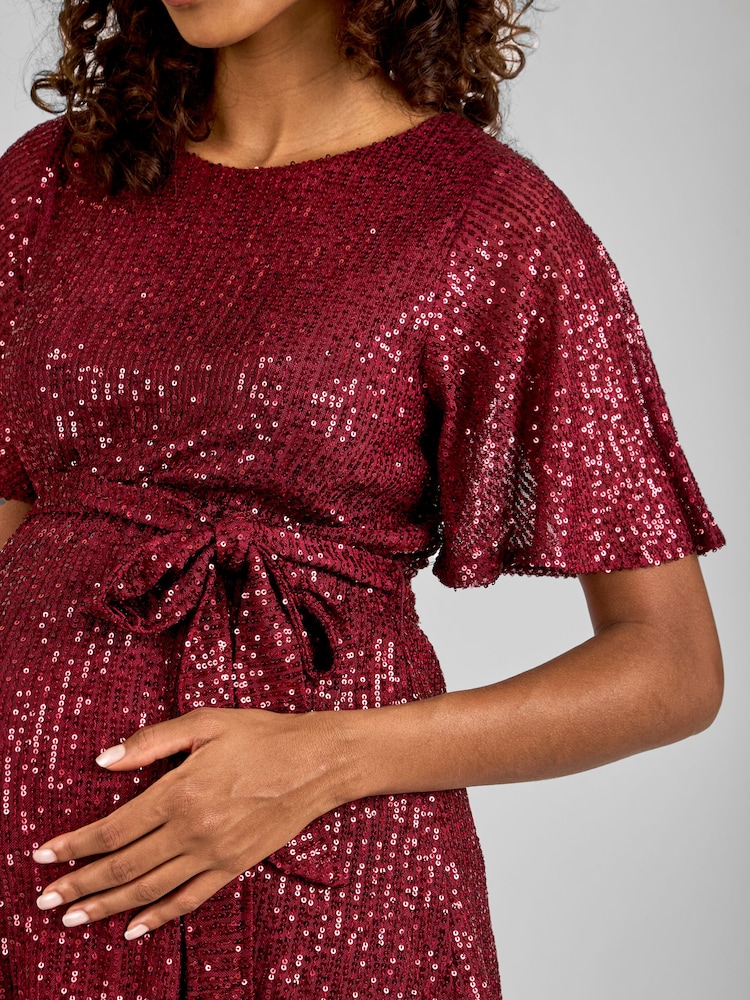 JoJo Maman Bébé Wine Red Sequin Maternity Flutter Sleeve Top - Image 4 of 5