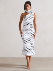 Club L London White & Black Golden Girl Polka Dot Asymmetric High-Neck Flared Midi Dress - Image 1 of 5