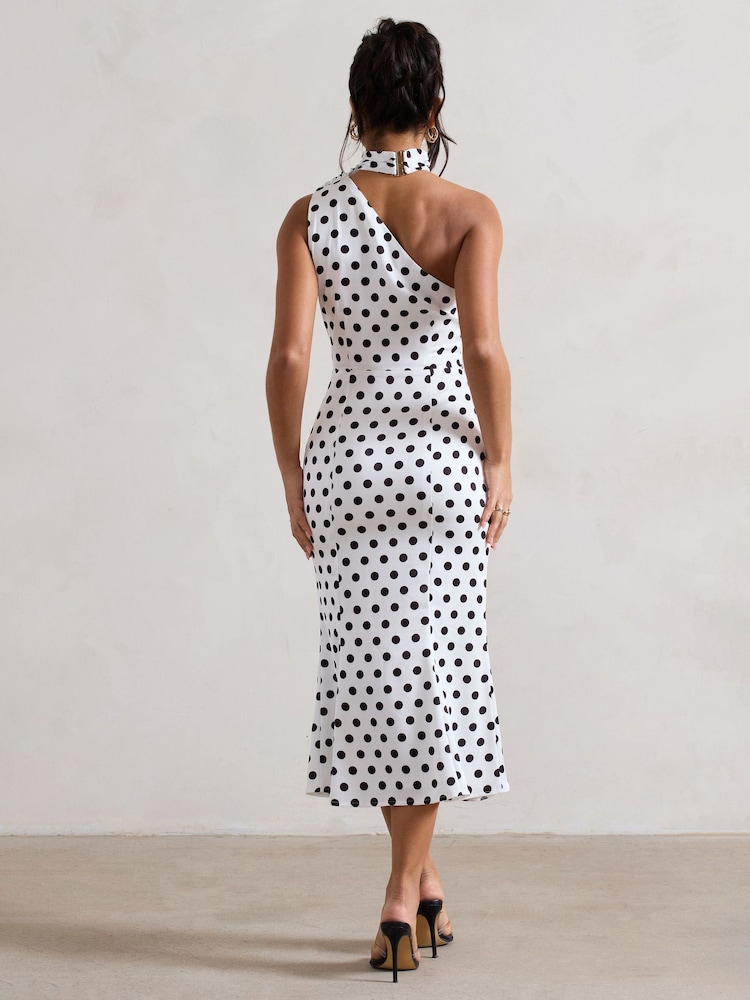Club L London White & Black Golden Girl Polka Dot Asymmetric High-Neck Flared Midi Dress - Image 2 of 5