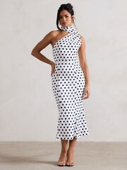Club L London White & Black Golden Girl Polka Dot Asymmetric High-Neck Flared Midi Dress - Image 3 of 5
