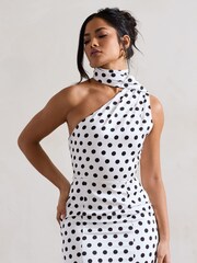 Club L London White & Black Golden Girl Polka Dot Asymmetric High-Neck Flared Midi Dress - Image 5 of 5