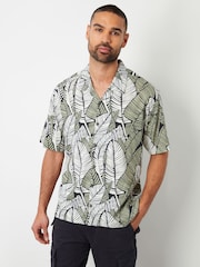 Threadbare Black Tropical Short Sleeve Striped Linen Blend Shirt - Image 1 of 4