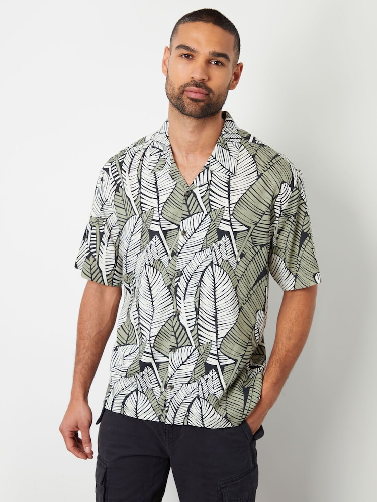 Threadbare Black Tropical Short Sleeve Striped Linen Blend Shirt - Image 1 of 4