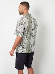 Threadbare Black Tropical Short Sleeve Striped Linen Blend Shirt - Image 2 of 4