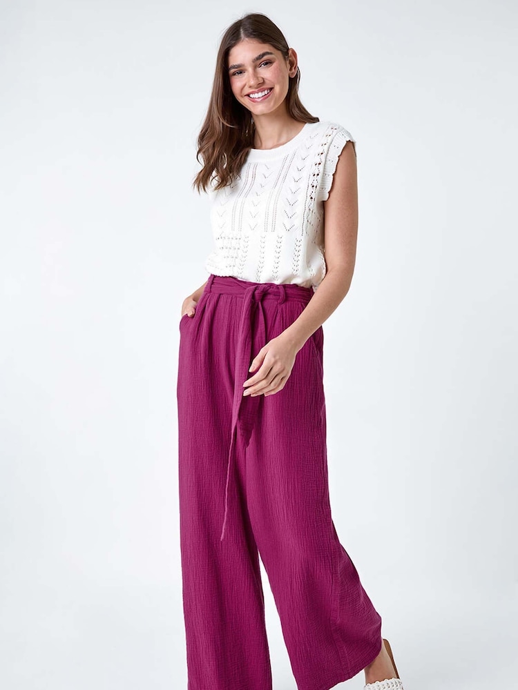 Roman Purple Textured 100% Cotton Wide Leg Trousers - Image 1 of 5 Roman Purple Textured 100% Cotton Wide Leg Trousers - Image 1 of 5