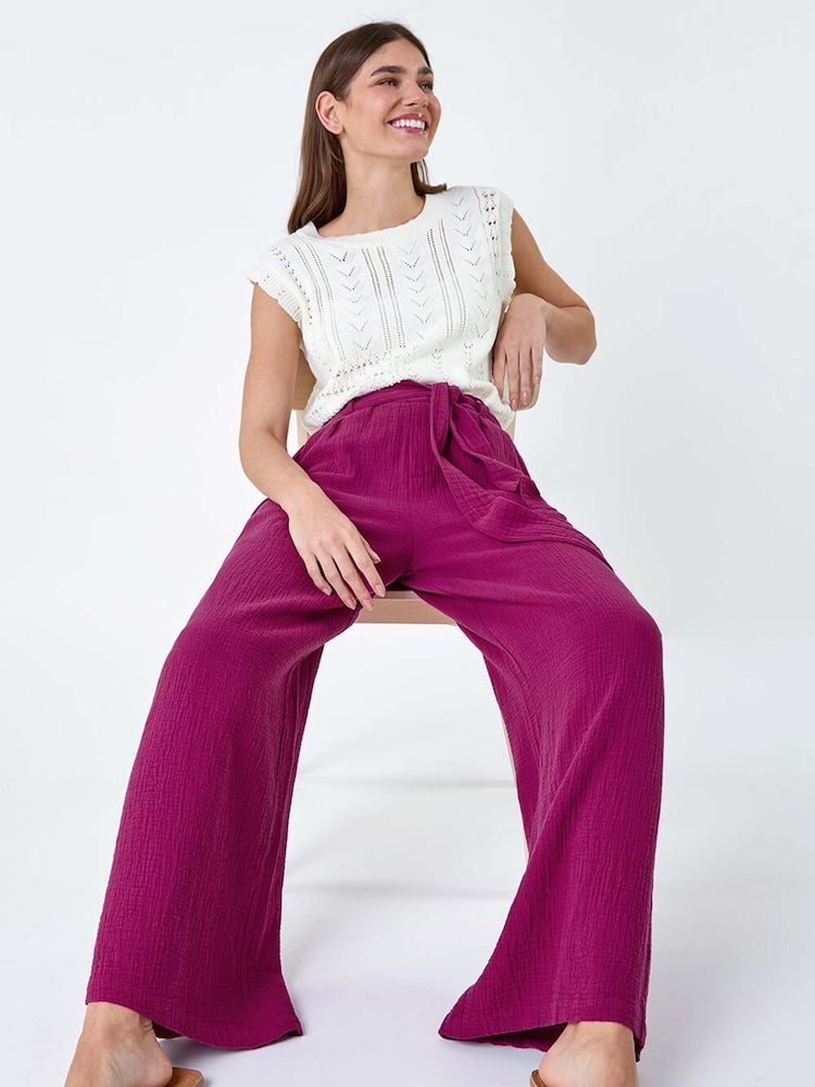 Roman Purple Textured 100% Cotton Wide Leg Trousers - Image 2 of 5 Roman Purple Textured 100% Cotton Wide Leg Trousers - Image 2 of 5