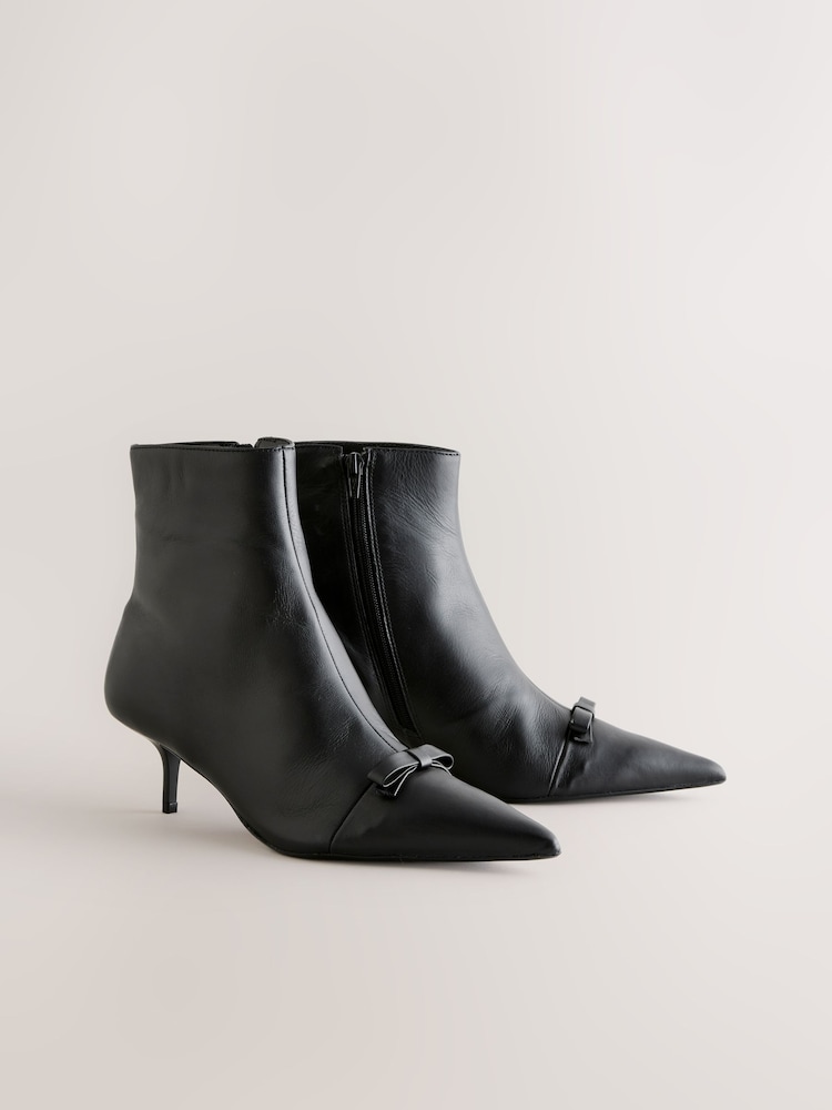 Black Leather Premium Bow Pointed Toe Heeled Ankle Boots - Image 1 of 5