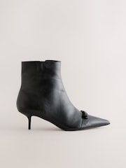 Black Leather Premium Bow Pointed Toe Heeled Ankle Boots - Image 2 of 5