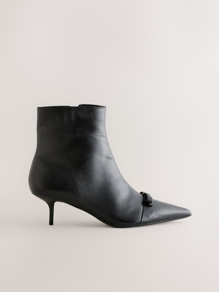 Black Leather Premium Bow Pointed Toe Heeled Ankle Boots - Image 2 of 5
