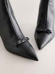 Black Leather Premium Bow Pointed Toe Heeled Ankle Boots - Image 5 of 5