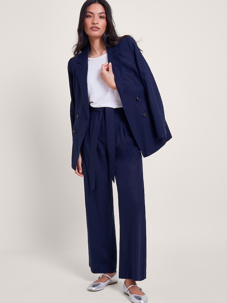 Monsoon Blue Mabel Short Length Linen Blend Tie Trousers - Image 1 of 5 Monsoon Blue Mabel Short Length Linen Blend Tie Trousers - Image 1 of 5