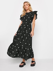 PixieGirl Petite Black 100% Cotton Frill Sleeve Embrodiered Maxi Dress - Image 2 of 4