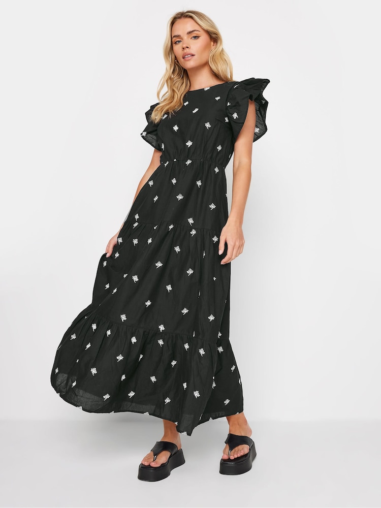 PixieGirl Petite Black 100% Cotton Frill Sleeve Embrodiered Maxi Dress - Image 2 of 4