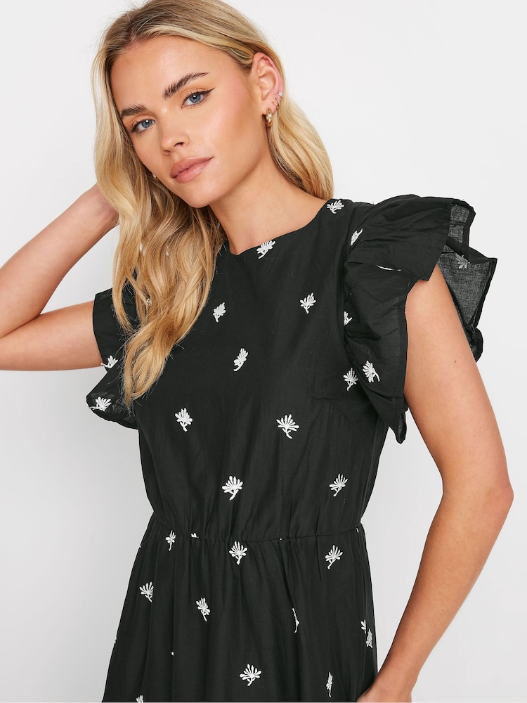 PixieGirl Petite Black 100% Cotton Frill Sleeve Embrodiered Maxi Dress - Image 4 of 4