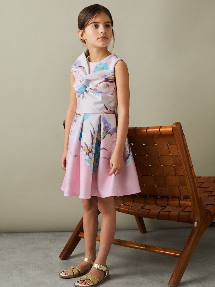 Reiss Pink Marti 4-9 yrs Floral Scuba Twist Fit-and-Flare Dress - Image 1 of 5