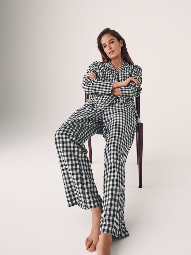 The Set Pink Gingham Check/Black Gingham Check 2 Pack Flannel Long Sleeve Button Through Pyjamas - Image 4 of 11